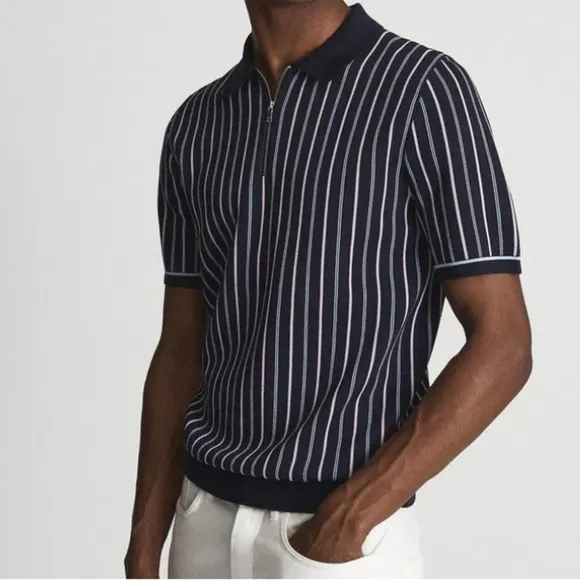 Reiss Code Knit Polo Half Zip Striped Shirt in Blue Size Medium