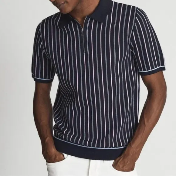 Reiss Code Knit Polo Half Zip Striped Shirt in Blue Size Medium