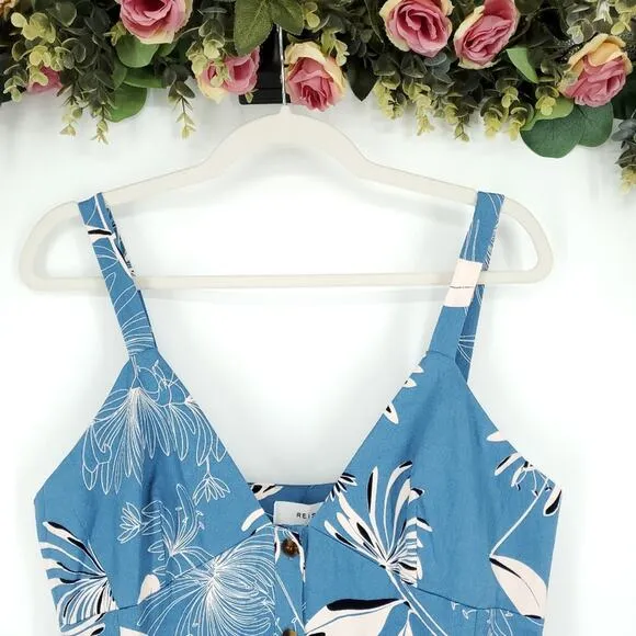 Reiss Noah Floral Button Through Midi Dress in Blue