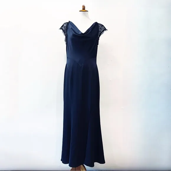 Reiss Vittoria Navy Blue Satin Lace Gown Size 8