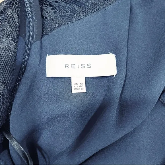 Reiss Vittoria Navy Blue Satin Lace Gown Size 8