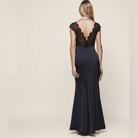 Reiss Vittoria Navy Blue Satin Lace Gown Size 8
