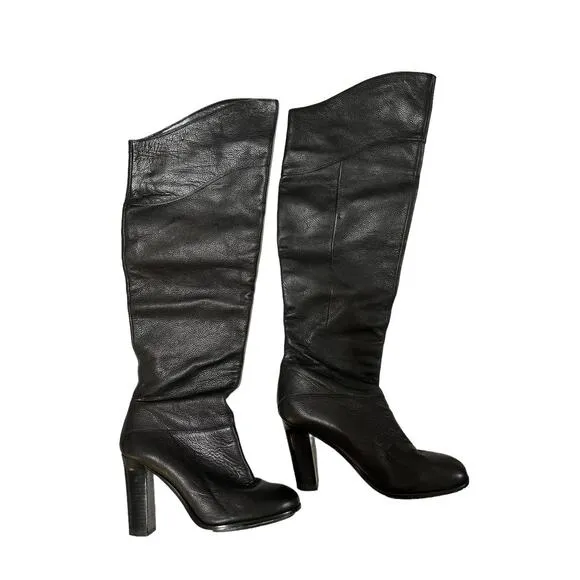 Reiss Women's Black Pull On Knee High Round Toe Leather Boots Size 39 EUR