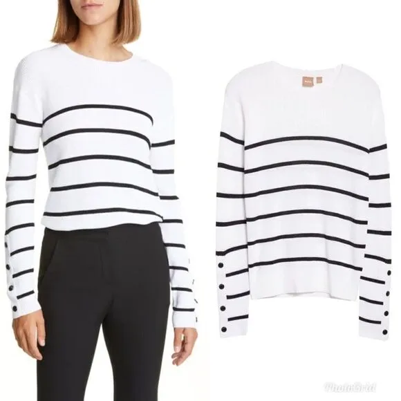 REVOLVE BOSS Fittina Crewneck Striped Ribbed Sweater in Black White