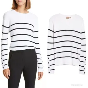 REVOLVE BOSS Fittina Crewneck Striped Ribbed Sweater in Black White