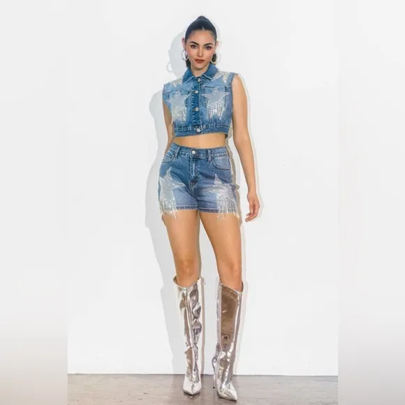 Rhinestone Fringe Star Denim Shorts - Vibrant M.i.U