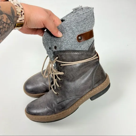 Rieker Mixed Media Boots Leather Gray Lace Up Size 40