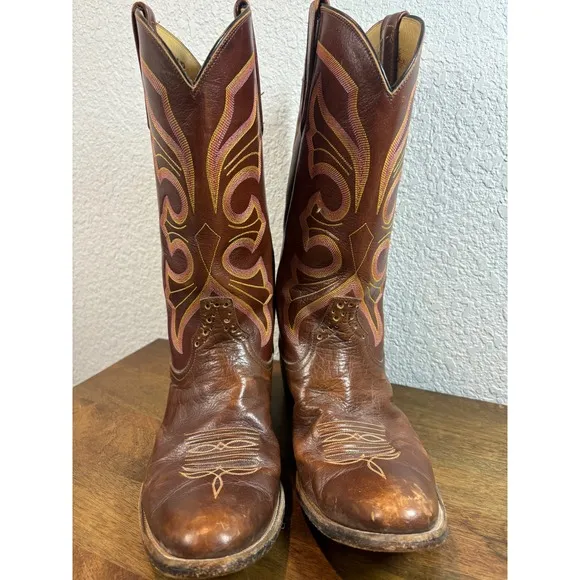 Rios of Mercedes Vintage Cowboy Boots Western Stitch Leather Pull On Brown 10.5D