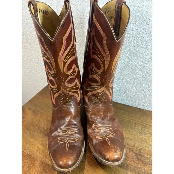 Rios of Mercedes Vintage Cowboy Boots Western Stitch Leather Pull On Brown 10.5D