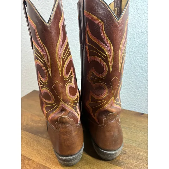 Rios of Mercedes Vintage Cowboy Boots Western Stitch Leather Pull On Brown 10.5D
