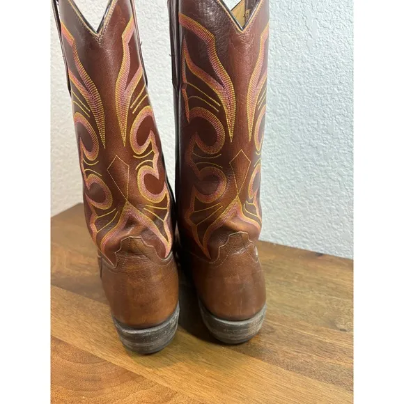 Rios of Mercedes Vintage Cowboy Boots Western Stitch Leather Pull On Brown 10.5D