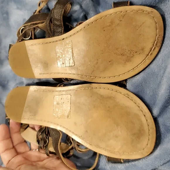 Roan by bed stu gladiator leather braided brass ring sandals distressed brown