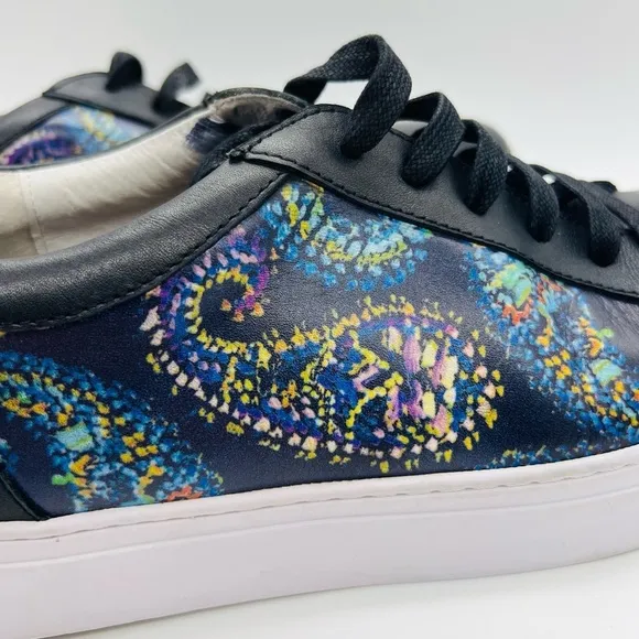 ROBERT GRAHAM MEN’S BLACK LEATHER SNEAKERS WITH PAISLEY SIZE 8.5