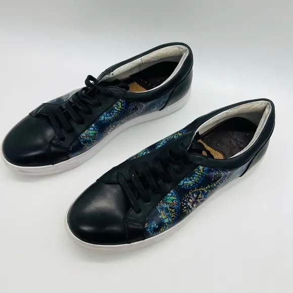 ROBERT GRAHAM MEN’S BLACK LEATHER SNEAKERS WITH PAISLEY SIZE 8.5