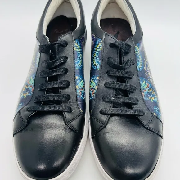 ROBERT GRAHAM MEN’S BLACK LEATHER SNEAKERS WITH PAISLEY SIZE 8.5