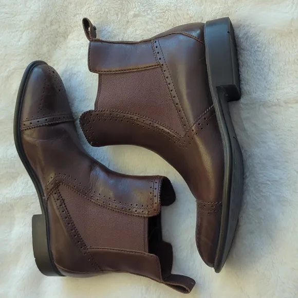Rockport Women Chelsea Boots Brown Leather Stretch Square Ankle Slip On Size 7