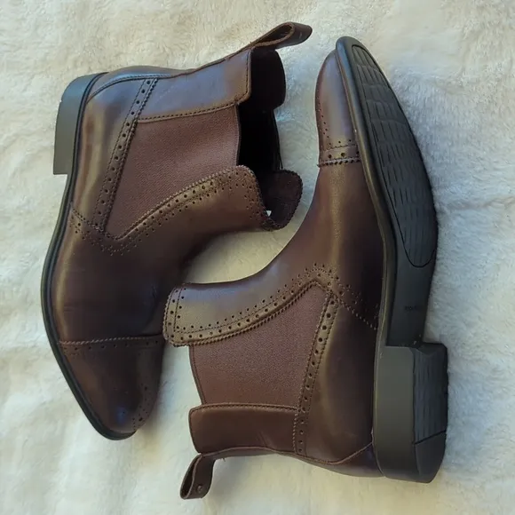 Rockport Women Chelsea Boots Brown Leather Stretch Square Ankle Slip On Size 7