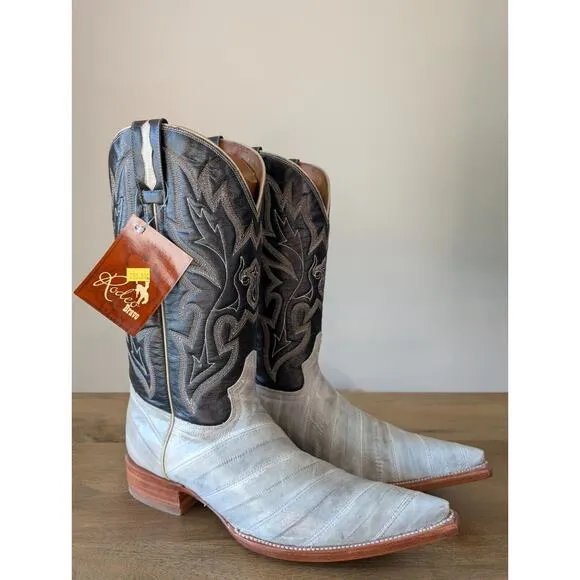 Rodeo Western Boots Mens White Black Leather Cowboy Embroidered Pull On