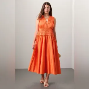 Roksanda Smocked Waist Maxi Dress Orange V-Neck Sleeveless Sz 8