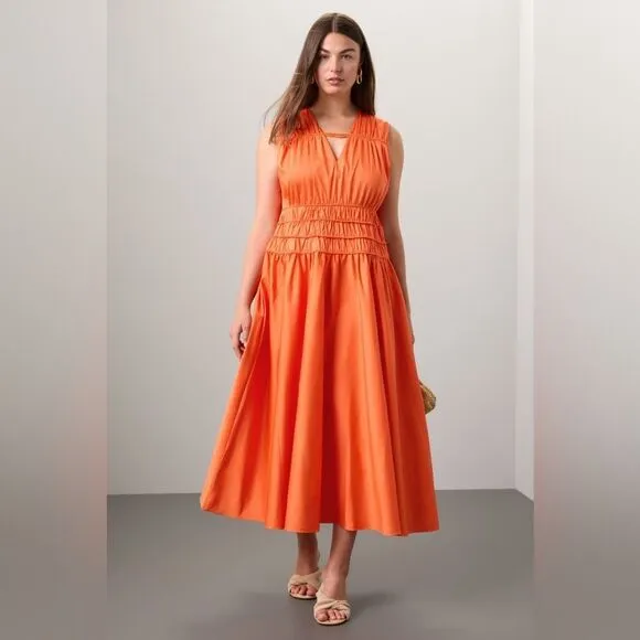 Roksanda Smocked Waist Maxi Dress Orange V-Neck Sleeveless Sz 8