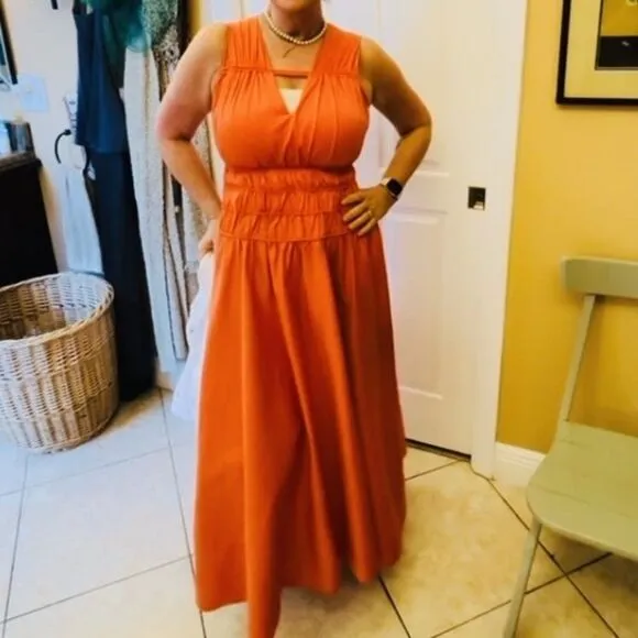 Roksanda Smocked Waist Maxi Dress Orange V-Neck Sleeveless Sz 8