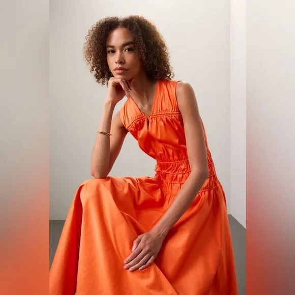 Roksanda Smocked Waist Maxi Dress Orange V-Neck Sleeveless Sz 8