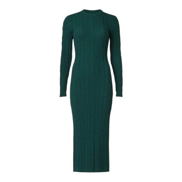 Ronny Kobo Cutout Back Midi Sweater Dress in Green Cable Knit Size XS