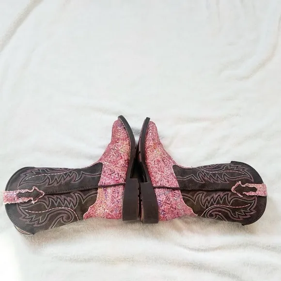 Roper Girls Southwestern Western Square Toe Pink Glitter Slip On Boots Size 12