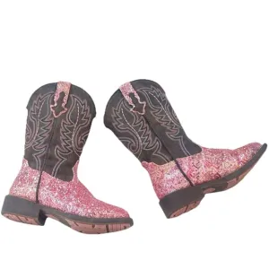 Roper Girls Southwestern Western Square Toe Pink Glitter Slip On Boots Size 12