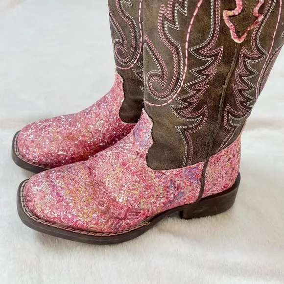 Roper Girls Southwestern Western Square Toe Pink Glitter Slip On Boots Size 12