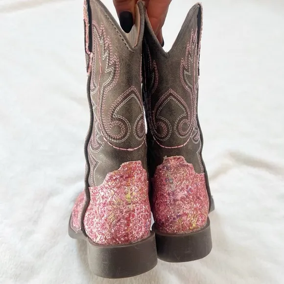 Roper Girls Southwestern Western Square Toe Pink Glitter Slip On Boots Size 12