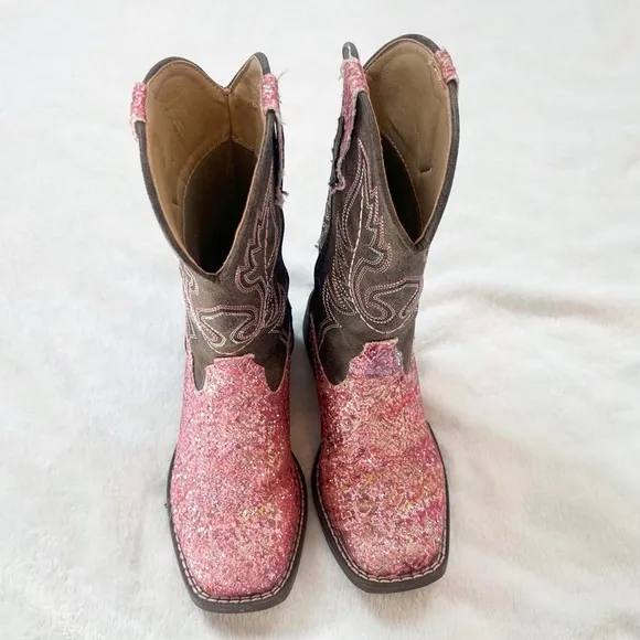 Roper Girls Southwestern Western Square Toe Pink Glitter Slip On Boots Size 12