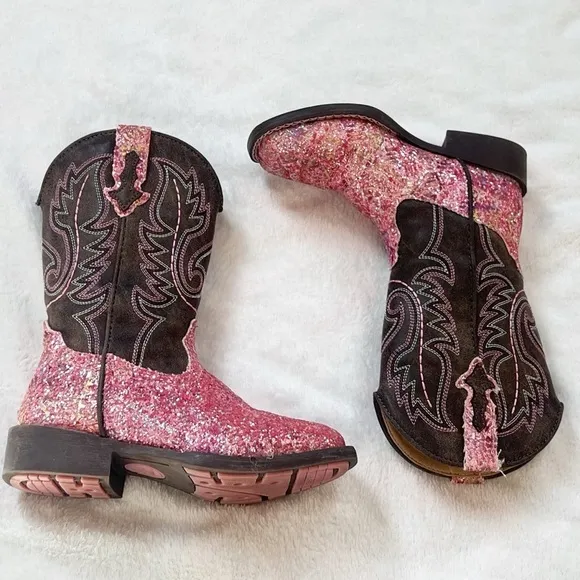Roper Girls Southwestern Western Square Toe Pink Glitter Slip On Boots Size 12