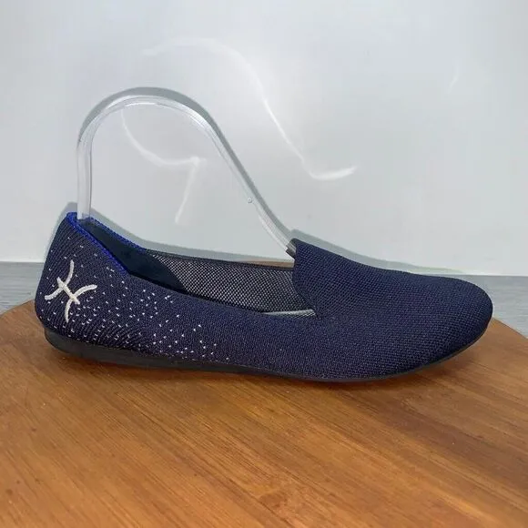 Rothys Pisces Zodiac Loafers Size 8.5 Dark Blue Silver Threading Slip On Round