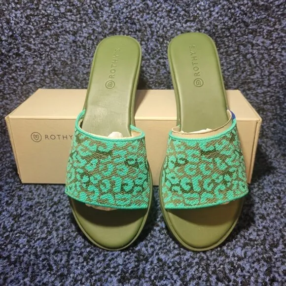 Rothy’s The Slide Women’s Size 10 US Aqua Camo Spot Flat Comfortable Sandals