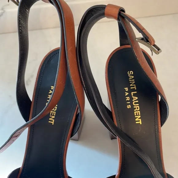 Saint Laurent Papaya Brown Leather &quot;Farrah 80&quot; Platform Heel Sandals Size 39.5