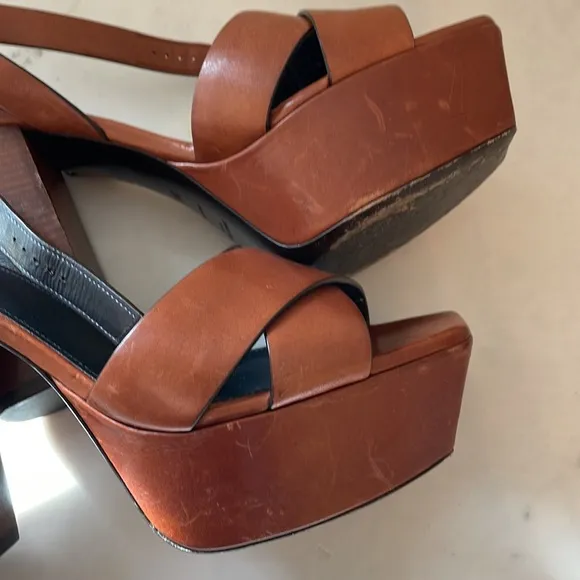Saint Laurent Papaya Brown Leather &quot;Farrah 80&quot; Platform Heel Sandals Size 39.5