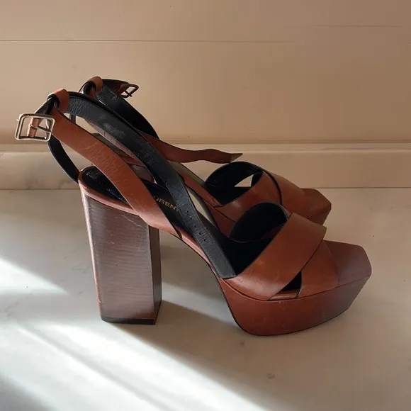Saint Laurent Papaya Brown Leather &quot;Farrah 80&quot; Platform Heel Sandals Size 39.5