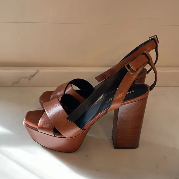 Saint Laurent Papaya Brown Leather &quot;Farrah 80&quot; Platform Heel Sandals Size 39.5