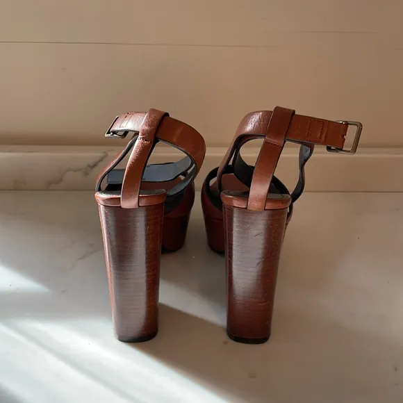 Saint Laurent Papaya Brown Leather &quot;Farrah 80&quot; Platform Heel Sandals Size 39.5
