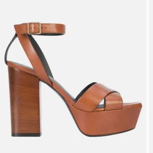Saint Laurent Papaya Brown Leather &quot;Farrah 80&quot; Platform Heel Sandals Size 39.5