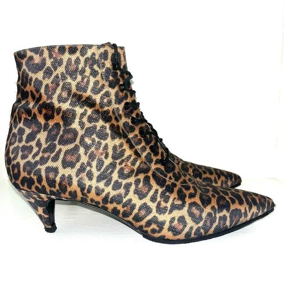 Saint Laurent Paris Cheetah Lace Up Booties Kitten Heel Gold Metallic EUC 10.5