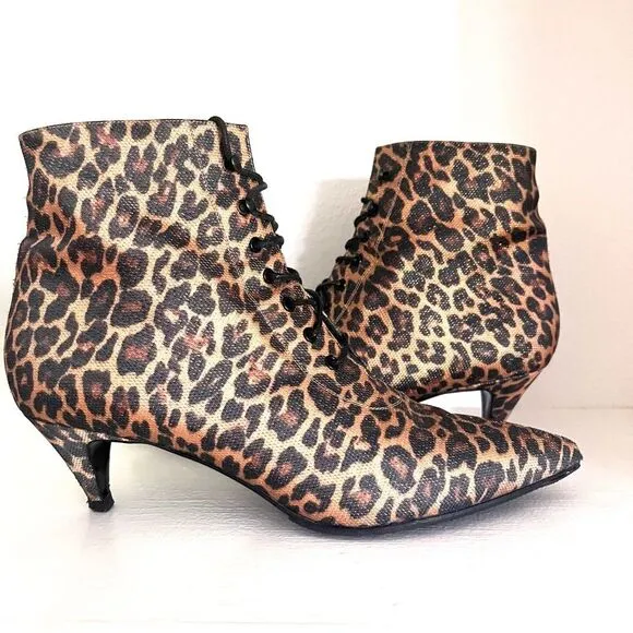 Saint Laurent Paris Cheetah Lace Up Booties Kitten Heel Gold Metallic EUC 10.5