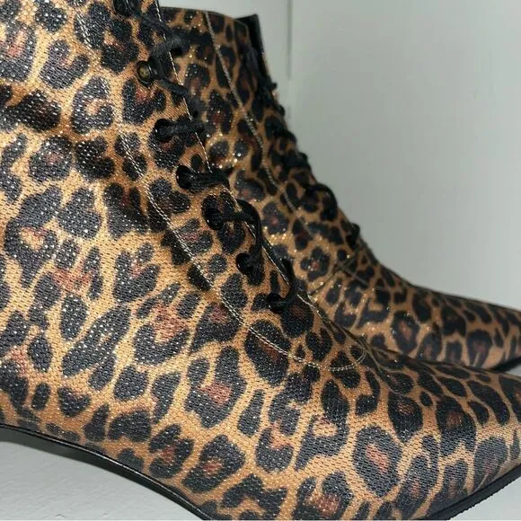 Saint Laurent Paris Cheetah Lace Up Booties Kitten Heel Gold Metallic EUC 10.5