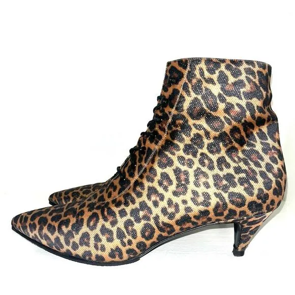 Saint Laurent Paris Cheetah Lace Up Booties Kitten Heel Gold Metallic EUC 10.5