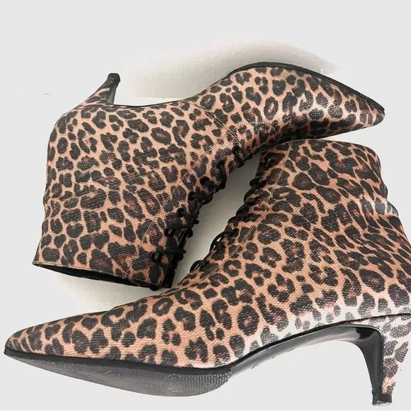 Saint Laurent Paris Cheetah Lace Up Booties Kitten Heel Gold Metallic EUC 10.5