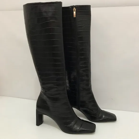 SAKS FIFTH AVENUE Croc-Embossed Leather Knee-High Boots Size 9