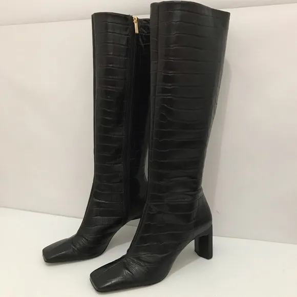 SAKS FIFTH AVENUE Croc-Embossed Leather Knee-High Boots Size 9