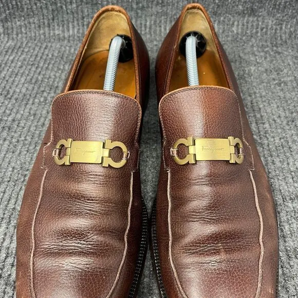 Salvatore Ferragamo Bit Loafers Dress Shoes Oxford Brown Leather Gold Mens 13 D
