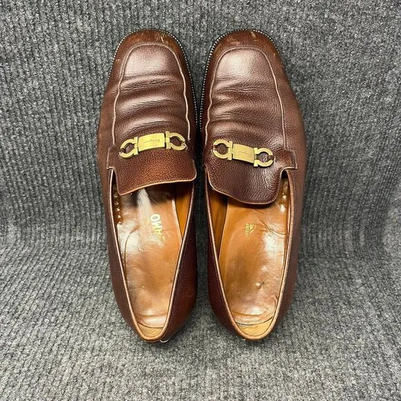 Salvatore Ferragamo Bit Loafers Dress Shoes Oxford Brown Leather Gold Mens 13 D